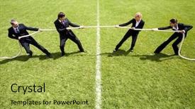  Presentation with war - Amazing PPT theme having businesswomen playing tug of war backdrop and a yellow colored foreground