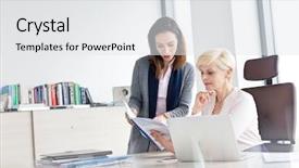  Presentation with reading - Cool new slide deck with businesswomen reading book at desk backdrop and a white colored foreground