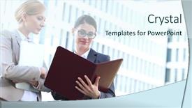  Presentation with reading - Audience pleasing presentation design consisting of businesswomen reading folder while standing backdrop and a sky blue colored foreground