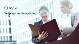  Presentation with reading - Slides featuring businesswomen reading folder while standing background and a sky blue colored foreground