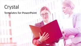  Presentation with folder style - Slide set featuring businesswomen reading folder while standing background and a  colored foreground