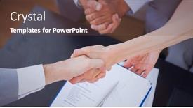  Presentation with business networking - Beautiful slide deck featuring businesswomen-shaking-hands-over-desk backdrop and a tawny brown colored foreground