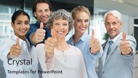  Presentation with group of happy couples - Amazing PPT layouts having businesswomen showing thumbs up sign backdrop and a light blue colored foreground