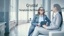  Presentation with new ideas - Beautiful slide deck featuring businesswomen sitting and discussing new backdrop and a light blue colored foreground