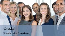  Presentation with team group - Slides featuring businesswomen standing as a team background and a teal colored foreground