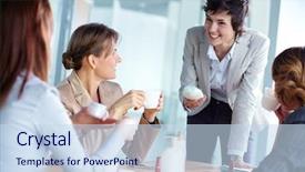  Presentation with beauty products - Beautiful presentation theme featuring businesswomen talking about beauty product backdrop and a sky blue colored foreground