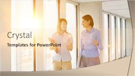  Presentation with flare - Amazing presentation theme having businesswomen-talking-while-walking backdrop and a lemonade colored foreground