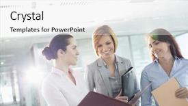  Presentation with file folder - Amazing PPT theme having businesswomen with file folders discussing backdrop and a white colored foreground