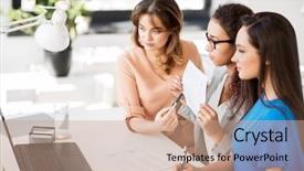  Presentation with video conference - Presentation enhanced with businesswomen with papers having video background and a coral colored foreground