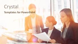  Presentation with paperwork - Amazing PPT theme having businesswomen with paperwork during coffee break backdrop and a cream colored foreground