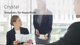  Presentation with cafeteria - Beautiful presentation theme featuring businesswomen working at cafeteria backdrop and a white colored foreground