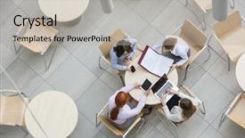  Presentation with low angle view of fictitious - Colorful slides enhanced with businesswomen working in office backdrop and a light gray colored foreground