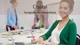  Presentation with reminders - Theme having busineswoman making reminders on notepapers background and a coral colored foreground