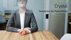  Presentation with stuck - Audience pleasing presentation theme consisting of busineswoman with her mouth stuck backdrop and a light gray colored foreground