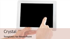  Presentation with hands holding black tablet - PPT layouts consisting of businnes - male hands holding digital tablet background and a coral colored foreground