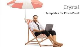  Presentation with under umbrella - PPT theme with bussinesman-sitting-on-a-deck background and a white colored foreground
