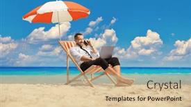  Presentation with under umbrella - Presentation design featuring bussinesman-sitting-on-a-deck background and a lemonade colored foreground