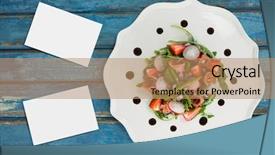  Presentation with blue food - Beautiful presentation design featuring bussiness cards on blue wooden backdrop and a coral colored foreground