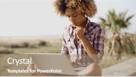  Presentation with bussiness - Slide deck enhanced with bussiness woman working with laptop background and a coral colored foreground