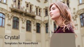  Presentation with walking - Slide set featuring bussinesswoman - pensive beautiful young woman walking background and a  colored foreground