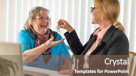  Presentation with real estate - Slide set having bussinesswoman - senior adult woman getting house background and a violet colored foreground