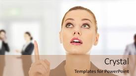  Presentation with strategic management needle pointing - Audience pleasing PPT theme consisting of bussinesswoman - shocked beautiful businesswoman pointing up backdrop and a  colored foreground