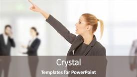  Presentation with strategic management needle pointing - Presentation consisting of bussinesswoman - shocked beautiful businesswoman pointing up background and a  colored foreground