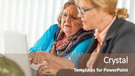  Presentation with helping - Audience pleasing presentation consisting of bussinesswoman - woman helping senior adult lady backdrop and a  colored foreground