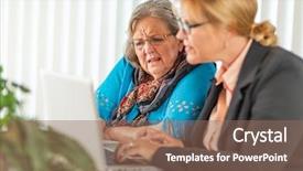  Presentation with guide dog helping blind woman - PPT theme consisting of bussinesswoman - woman helping senior adult lady background and a  colored foreground