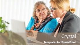  Presentation with helping - Colorful PPT theme enhanced with bussinesswoman - woman helping senior adult lady backdrop and a  colored foreground