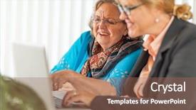  Presentation with helping - Presentation theme enhanced with bussinesswoman - woman helping senior adult lady background and a  colored foreground