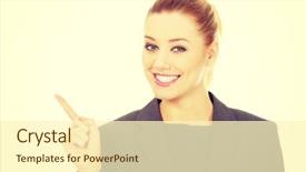  Presentation with beautiful young woman getting face - PPT layouts enhanced with bussinesswoman - young beautiful businesswoman pointing up background and a  colored foreground