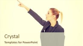  Presentation with strategic management needle pointing - Presentation featuring bussinesswoman - young beautiful businesswoman pointing up background and a  colored foreground