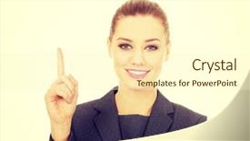  Presentation with beautiful sheet of cannabis marijuana - Amazing slide deck having bussinesswoman - young beautiful businesswoman pointing up backdrop and a  colored foreground