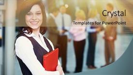  Presentation with tablet - Audience pleasing theme consisting of bussinesswoman with red tablet backdrop and a coral colored foreground