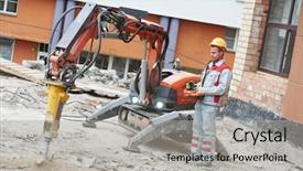  Presentation with construction robot - Beautiful presentation design featuring buster - builder worker in safety protective backdrop and a  colored foreground