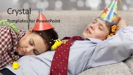  Presentation with mobil home park - Slide set having buster - sleeping couple in party hats background and a mint green colored foreground