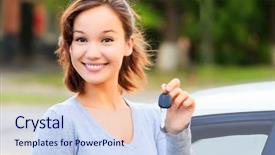  Presentation with smiling little girl - Presentation theme featuring busty - happy girl with a car background and a sky blue colored foreground