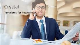  Presentation with business partner - PPT layouts featuring busy banker with newspaper talking to client or business partner by cellphone background and a soft green colored foreground