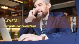  Presentation with scrolling - Slide deck consisting of busy broker in formalwear consulting someone on the phone while scrolling through online information in laptop background and a tawny brown colored foreground