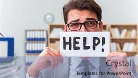  Presentation with busy work - PPT theme having busy businessman asking for help with work background and a light blue colored foreground