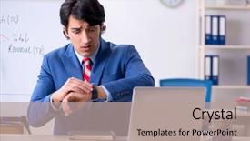  Presentation with spreadsheet data and business charts - Beautiful PPT theme featuring busy businessman explaining business charts backdrop and a  colored foreground