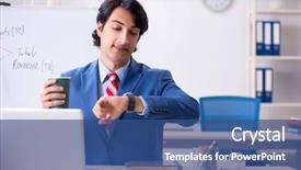  Presentation with spreadsheet data and business charts - Amazing PPT layouts having busy businessman explaining business charts backdrop and a ocean colored foreground