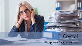  Presentation with burden - Slide set with busy businesswoman working in office background and a  colored foreground