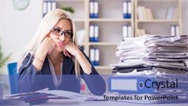  Presentation with office desk reception - Amazing presentation design having busy businesswoman working in office backdrop and a  colored foreground
