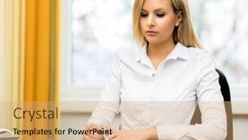  Presentation with agenda - Beautiful slides featuring busy-businesswoman-writing backdrop and a coral colored foreground