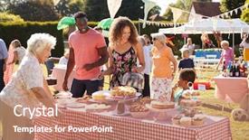  Presentation with busy - Presentation theme with stall at summer garden fete background and a coral colored foreground