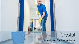  Presentation with mopping - Amazing presentation design having busy-cleaner-man-mopping backdrop and a light blue colored foreground
