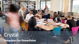  Presentation with college students - PPT layouts enhanced with busy college library with teacher background and a ocean colored foreground