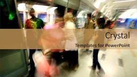  Presentation with busy - PPT theme enhanced with busy commuters getting on an underground train taken with slow shutter to show movement background and a yellow colored foreground